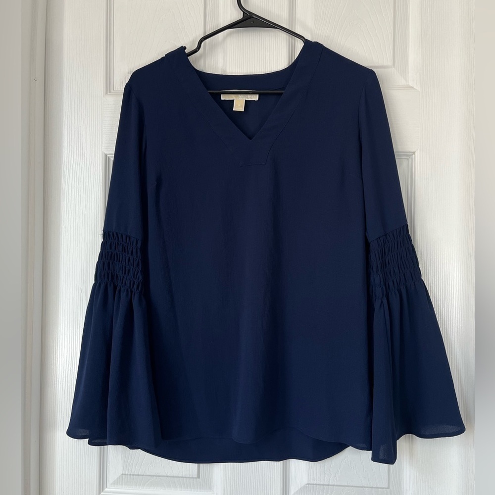 Michael Kors Navy Blue Bell Sleeve V Neck Blouse Small